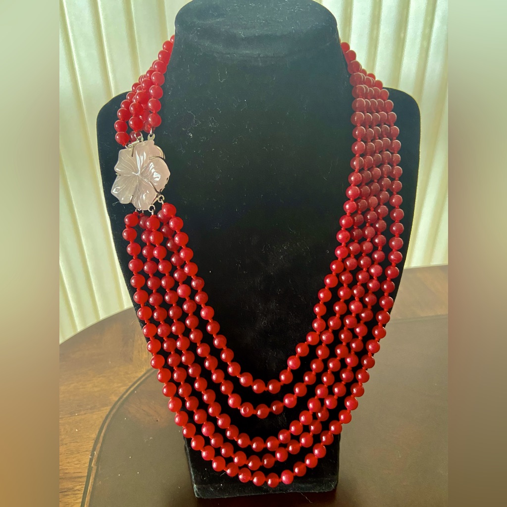 Lucien Picard Multi Strand Red Jade Beads 20” Necklace With Rose Quartz Flower